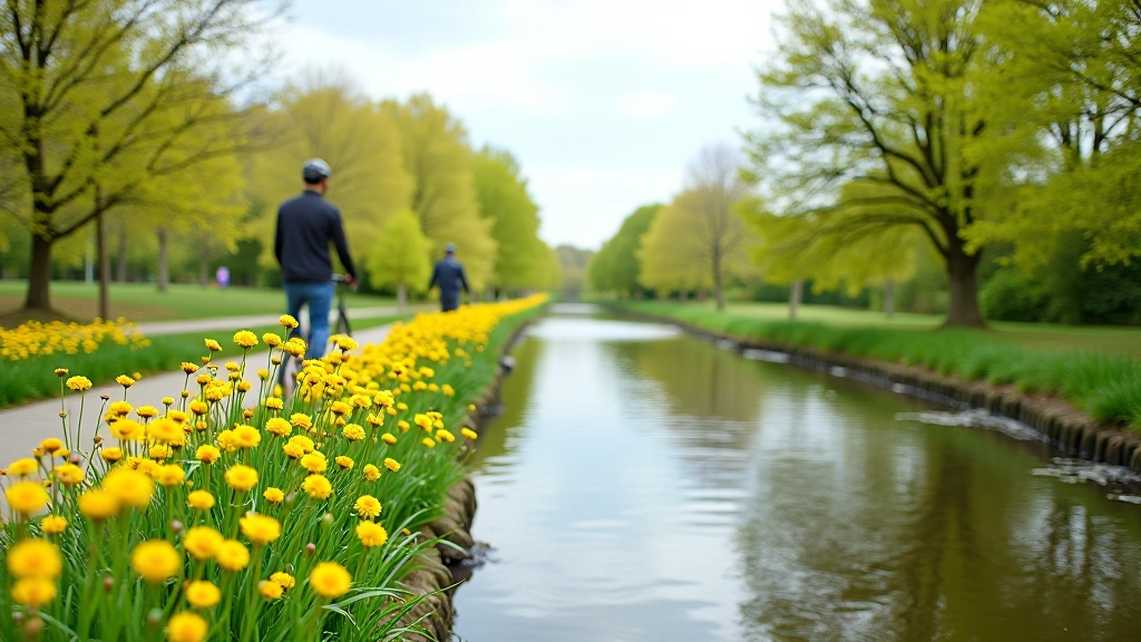 Spring flowers blooming along canal bank with water in background and clear sky