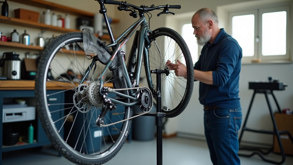 Bicycle maintenance setup with tools, chain lubricant, and bike on repair stand in workshop