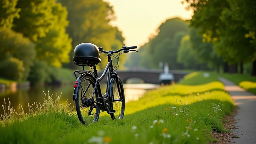 Bicycle resting on grass by towpath with water and trees in background