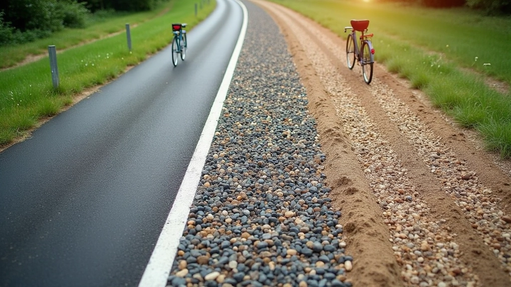 Close-up of different cycling path surfaces: paved asphalt, gravel, and compacted dirt towpath