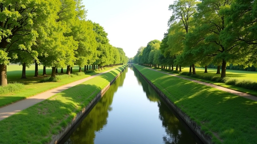 Canal water stretching into distance, tree-lined banks on both sides, clear sky, peaceful rural setting, no people visible