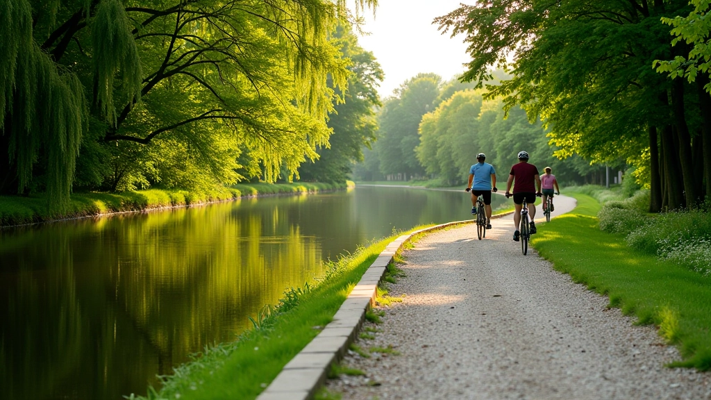 Peaceful canal towpath with gentle curve, water reflecting sky, trees lining both sides, gravel path stretching into distance