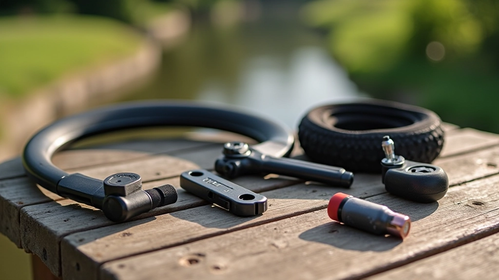 Cyclist's backpack with repair kit tools, spare tube, and pump organized on wooden surface, outdoor setting