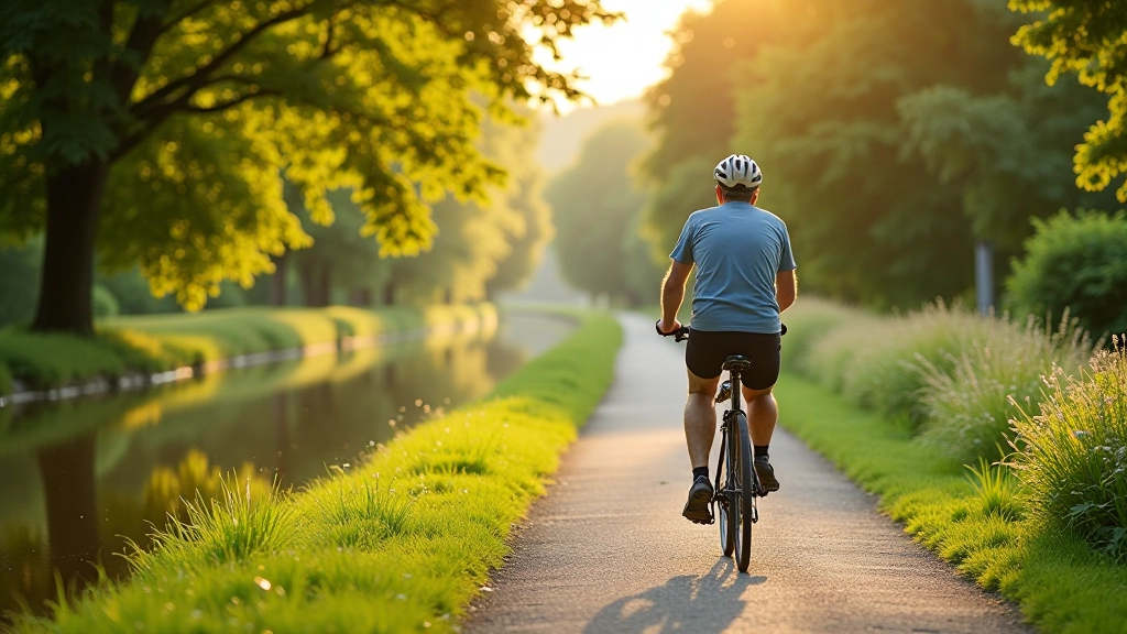 Cyclist riding on towpath next to calm canal water, trees reflected in water, peaceful summer scene