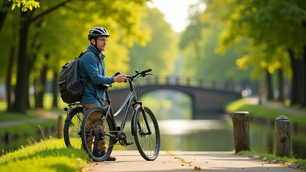 Cyclist resting on towpath beside canal, bicycle leaning against post, peaceful water view, trees in background, sunny day
