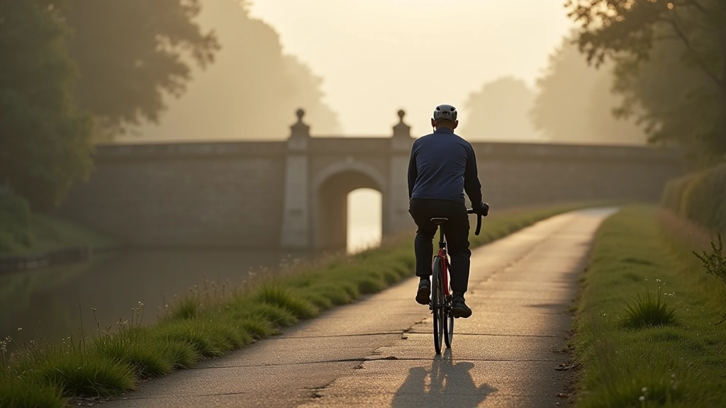 Cyclist on towpath with canal locks in background
