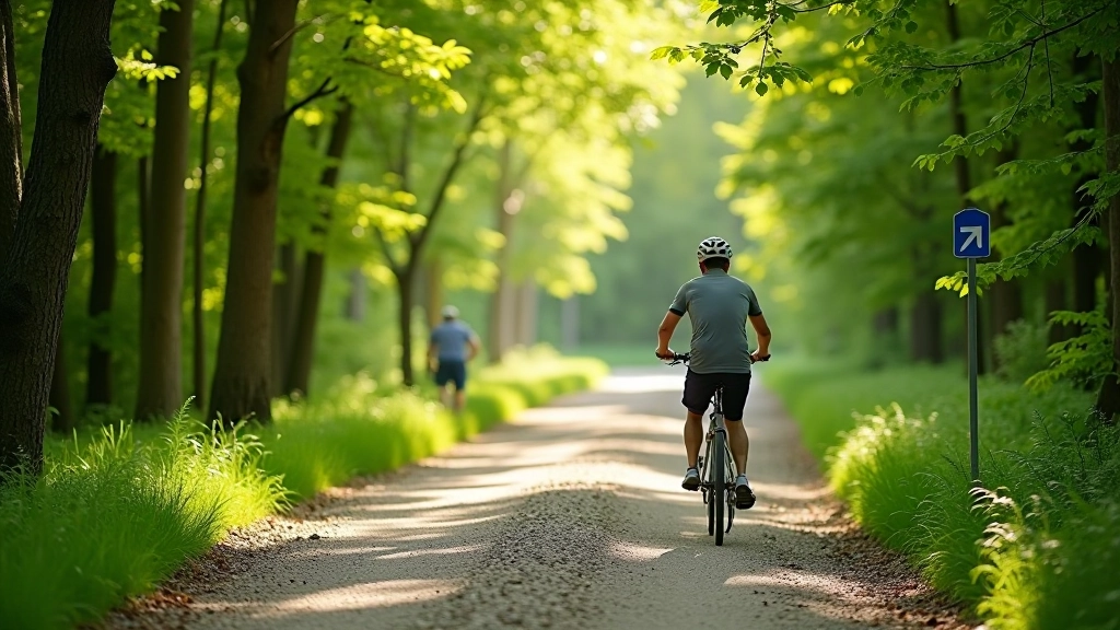 Gravel cycling path through forest area with directional sign, dappled sunlight through trees