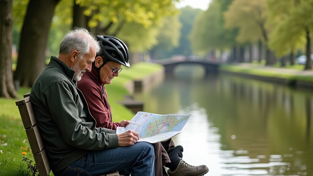 Cyclists resting by canal with map and refreshments