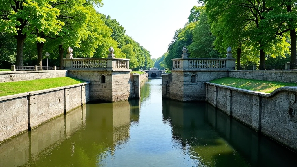 Canal lock gate structure with stone walls, water levels visible, historic architecture, trees in background, summer day