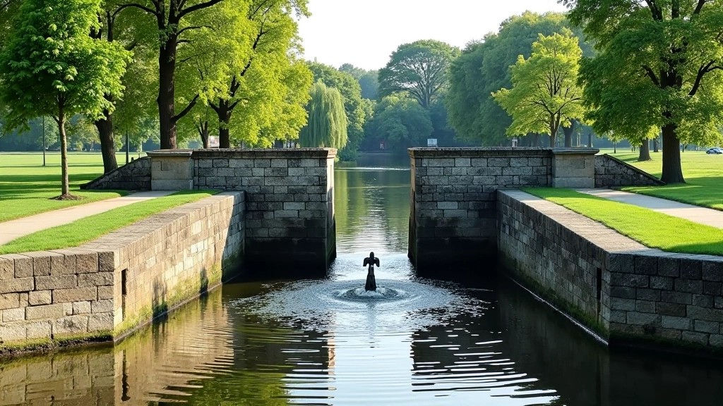 Wide view of historic lock gate structure with water channel, clear stone construction, pastoral countryside surroundings, bright daylight