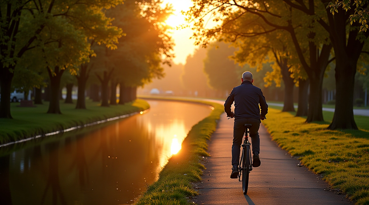 Historic Augustów canal with cycling path alongside towpath during golden hour, water reflections visible