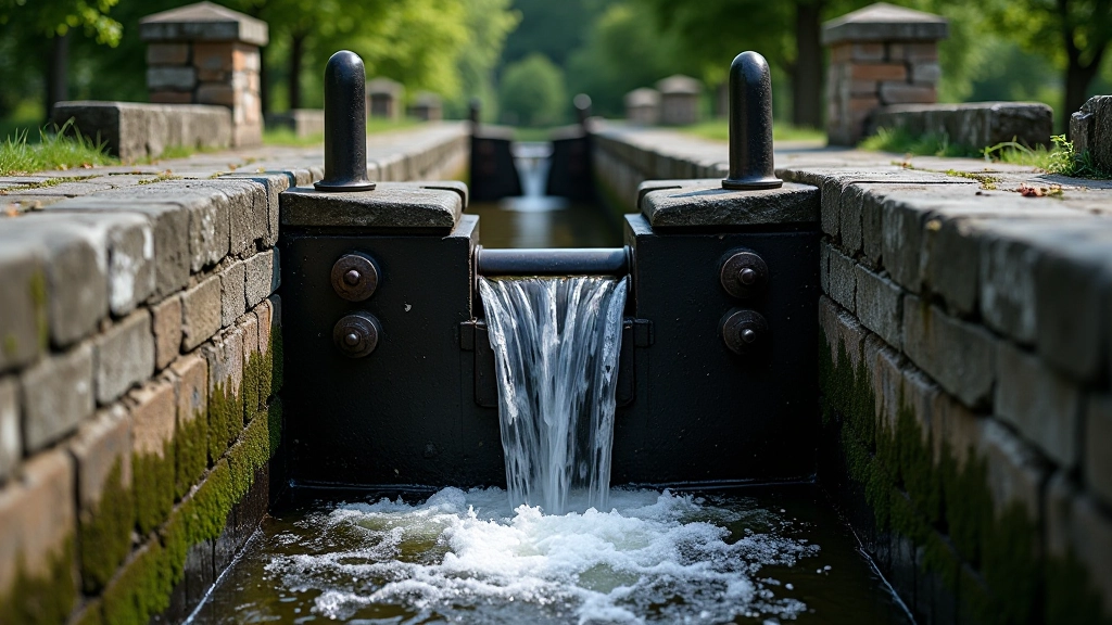 Close-up of historic lock gate mechanism, stone and metal construction details, water flowing through, clear daylight showing architectural elements