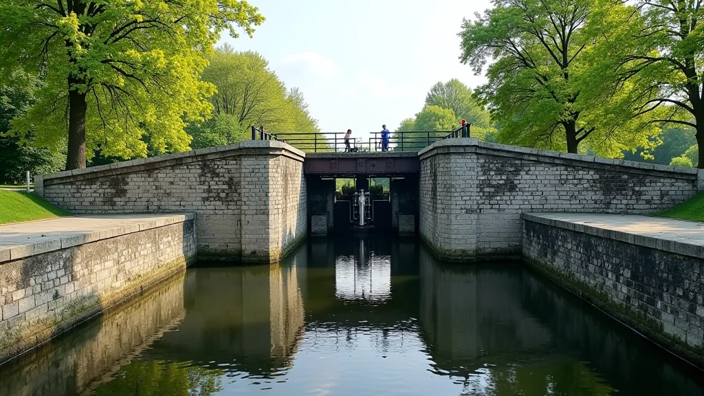 Scenic canal with historic lock mechanism and water reflections