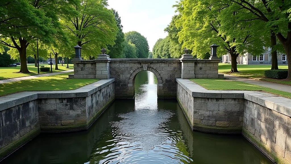 Historic lock gate structure on Augustów canal with water flowing through, stone architecture visible