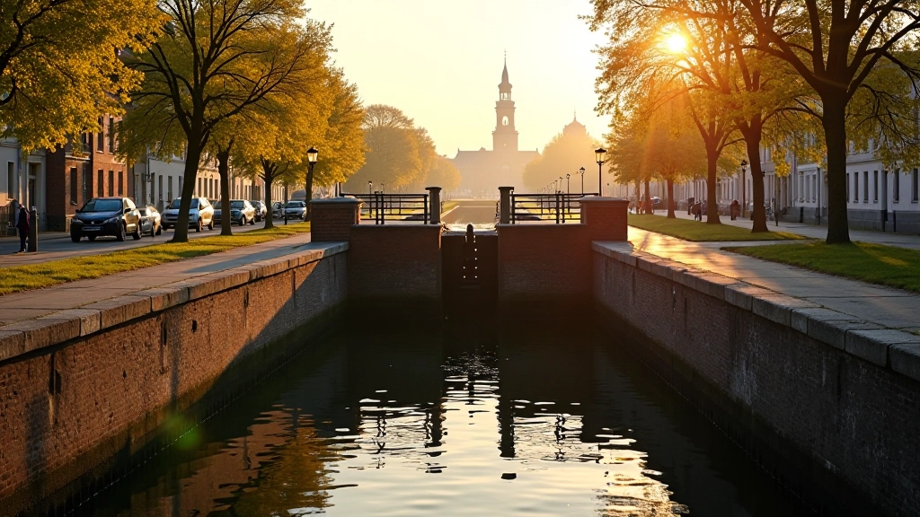 Lock gate with town buildings visible in background, late afternoon golden light, water and pathway in foreground