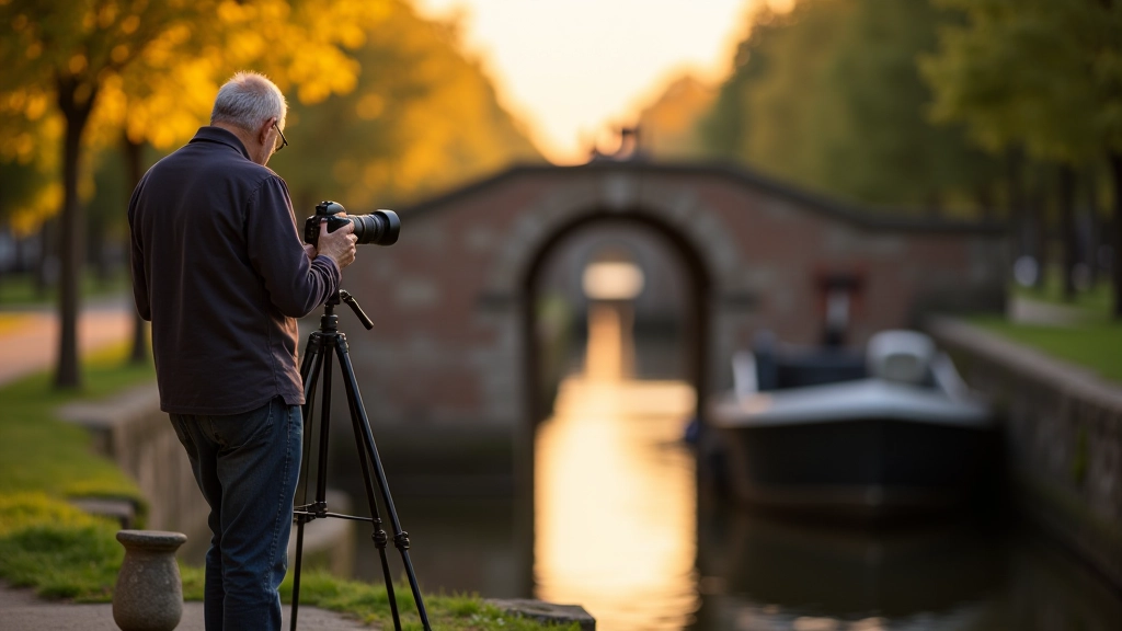 Photographer capturing architectural details of canal lock