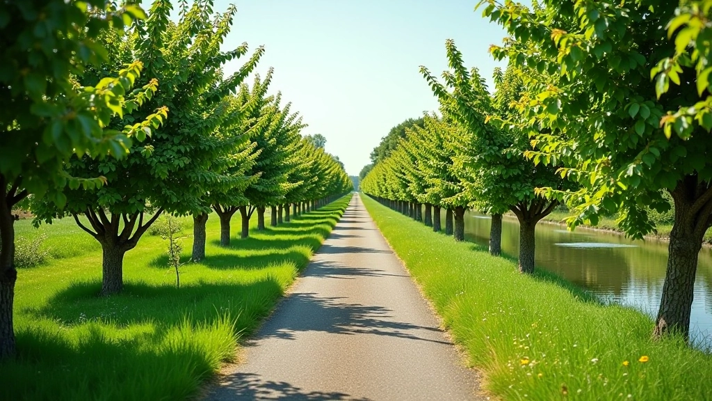 Orchard trees beside canal towpath, fruit trees in bloom or with leaves, peaceful countryside setting, cycling path in foreground