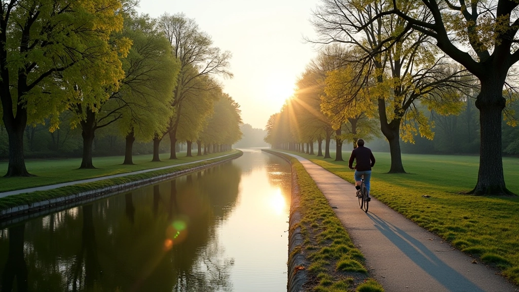Canal towpath with calm water reflecting green trees and clear sky, peaceful cycling route