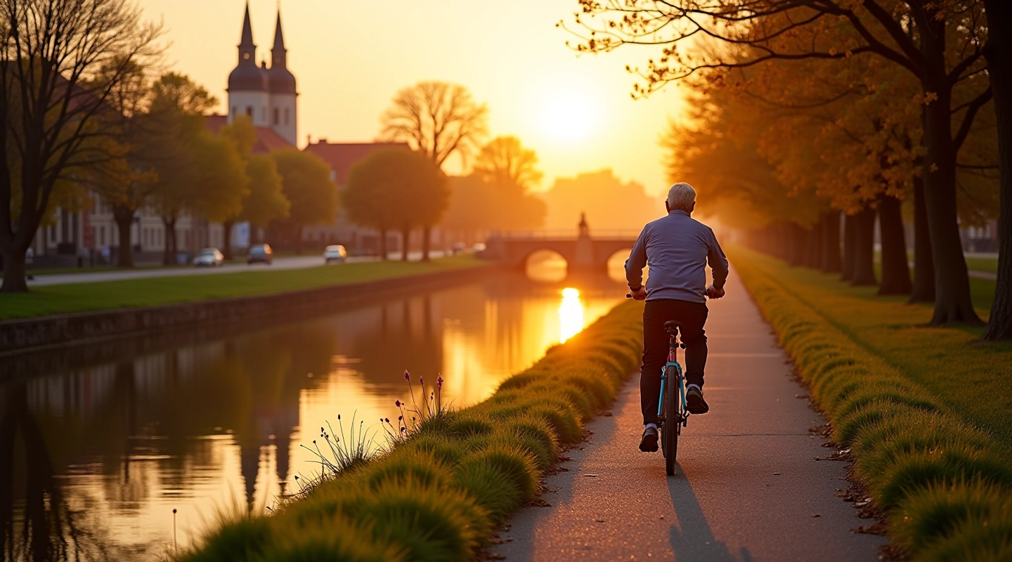 The Augustów Canal towpath cycling route with historic lock gates reflected in calm waters