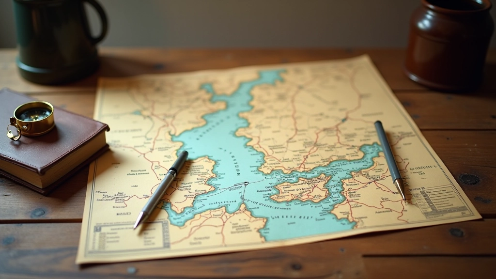 Vintage map spread on wooden table showing canal routes, compass and notebook beside it, planning scene